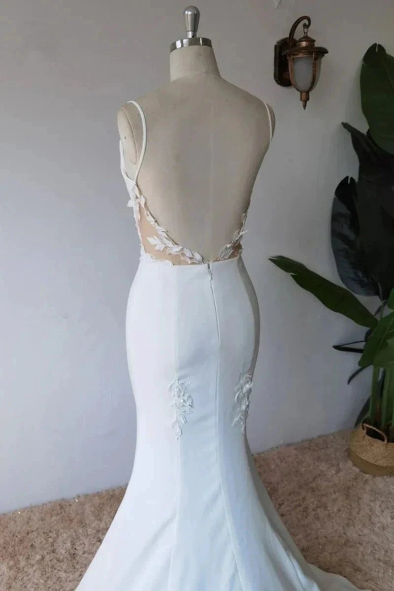 Simple Spaghetti Straps Satin Mermaid Modest Wedding Dress (ZD16151)
