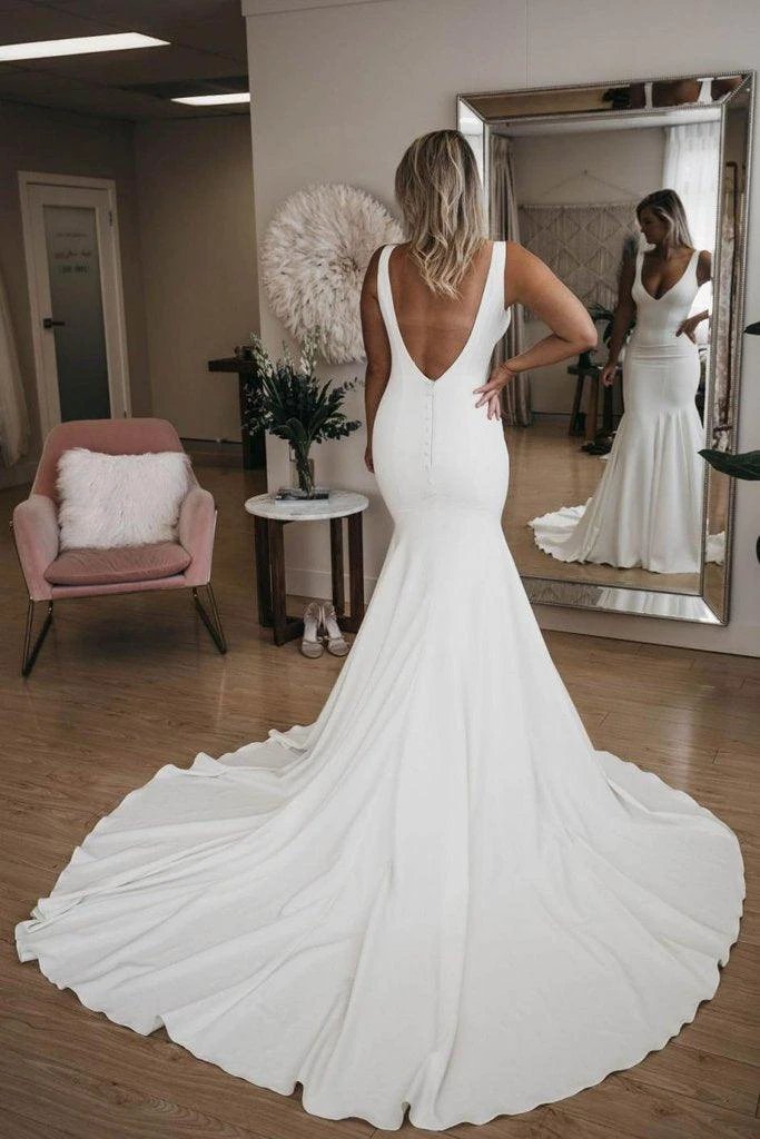 Simple V Neck Mermaid Beach Wedding Dress With Long Train (ZD16228)