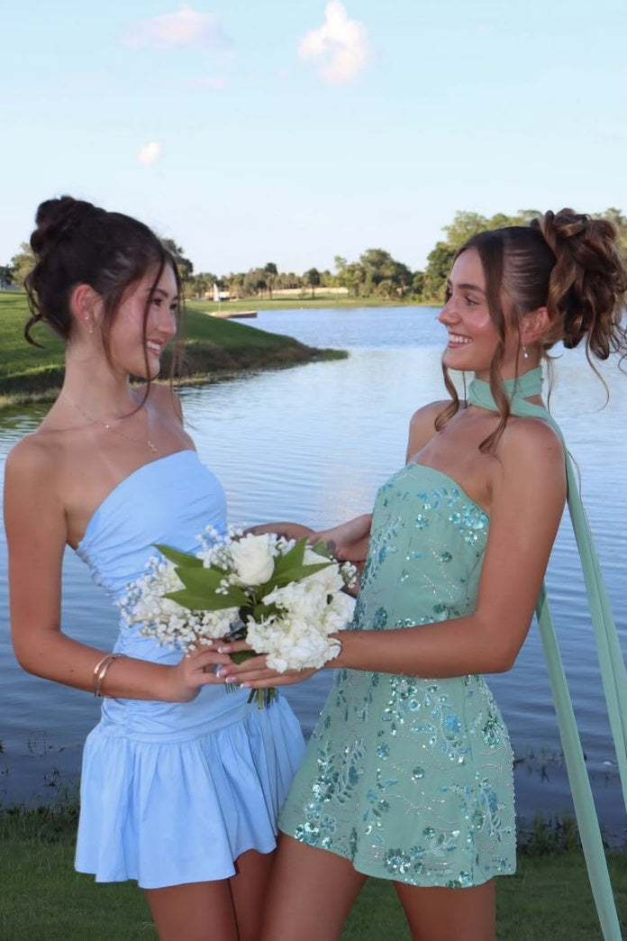 Simple Sheath Strapless Light Blue Short Homecoming Dress with Ruffles