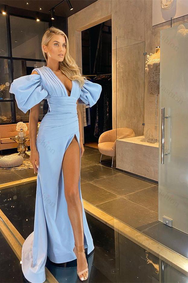 Sky Blue Prom Dress Deep V Neck Puffy Sleeves Long Mermaid Pleated Evening Formal Dress With Split