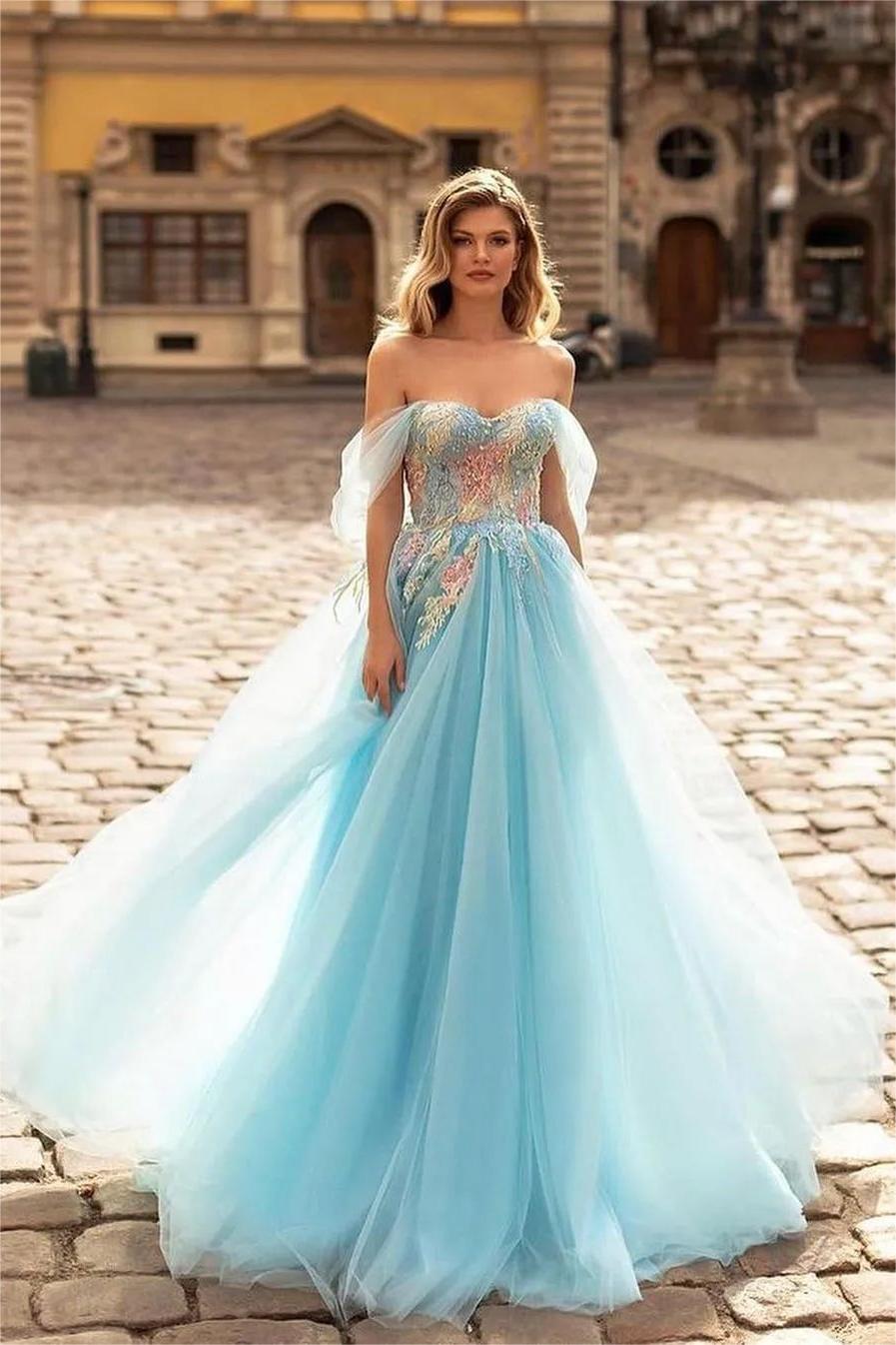 Sky Blue Prom Dress Off the Shoulder Tulle Sleeveless Sweetheart A Line Long Evening Formal Dress