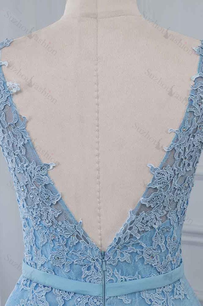 Sky Blue Prom Dress Scoop Sleeveless Evening Formal Dress Long With Lace Appliques