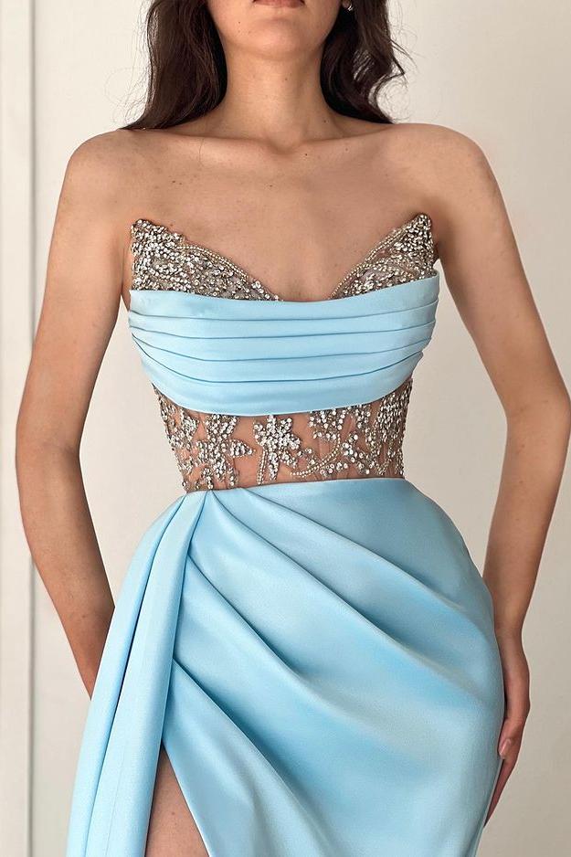 Sky Blue Prom Dress Strapless Mermaid Evening Formal Dress Split With Beadings