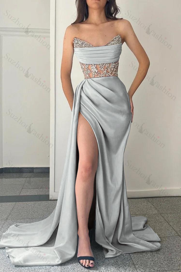 Sky Blue Prom Dress Strapless Mermaid Evening Formal Dress Split With Beadings