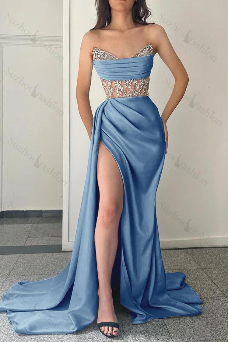 Sky Blue Prom Dress Strapless Mermaid Evening Formal Dress Split With Beadings
