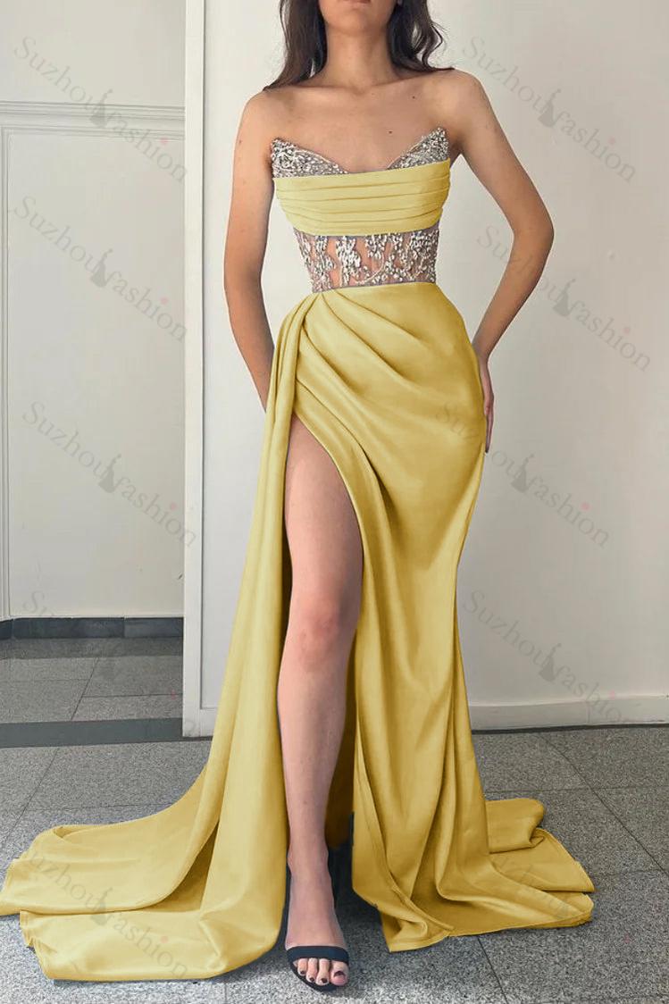 Sky Blue Prom Dress Strapless Mermaid Evening Formal Dress Split With Beadings