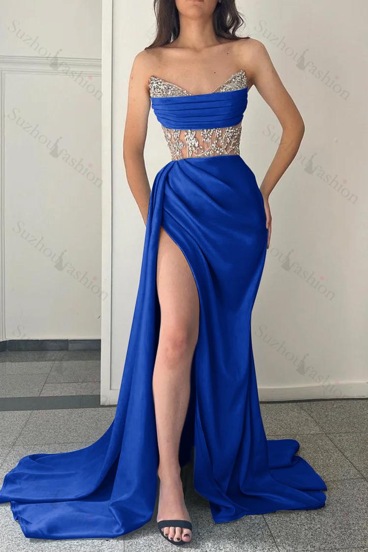 Sky Blue Prom Dress Strapless Mermaid Evening Formal Dress Split With Beadings