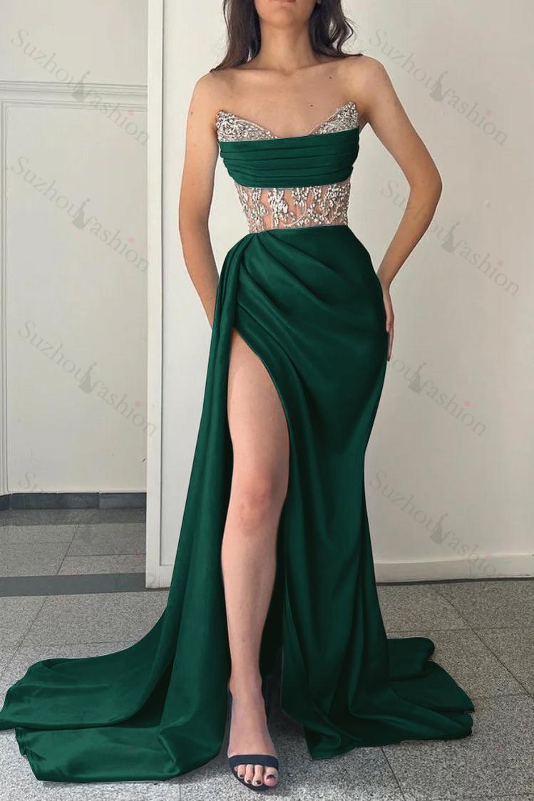 Sky Blue Prom Dress Strapless Mermaid Evening Formal Dress Split With Beadings