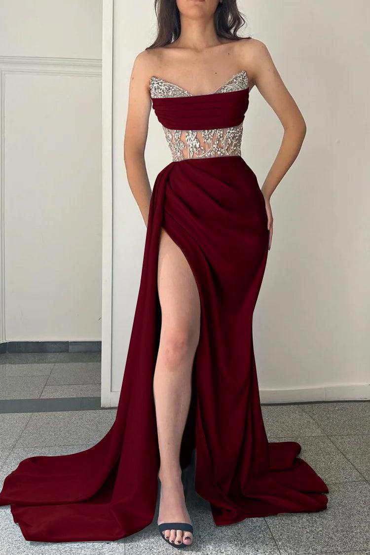 Sky Blue Prom Dress Strapless Mermaid Evening Formal Dress Split With Beadings