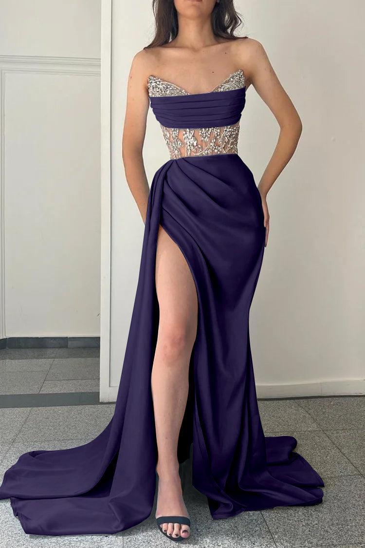 Sky Blue Prom Dress Strapless Mermaid Evening Formal Dress Split With Beadings