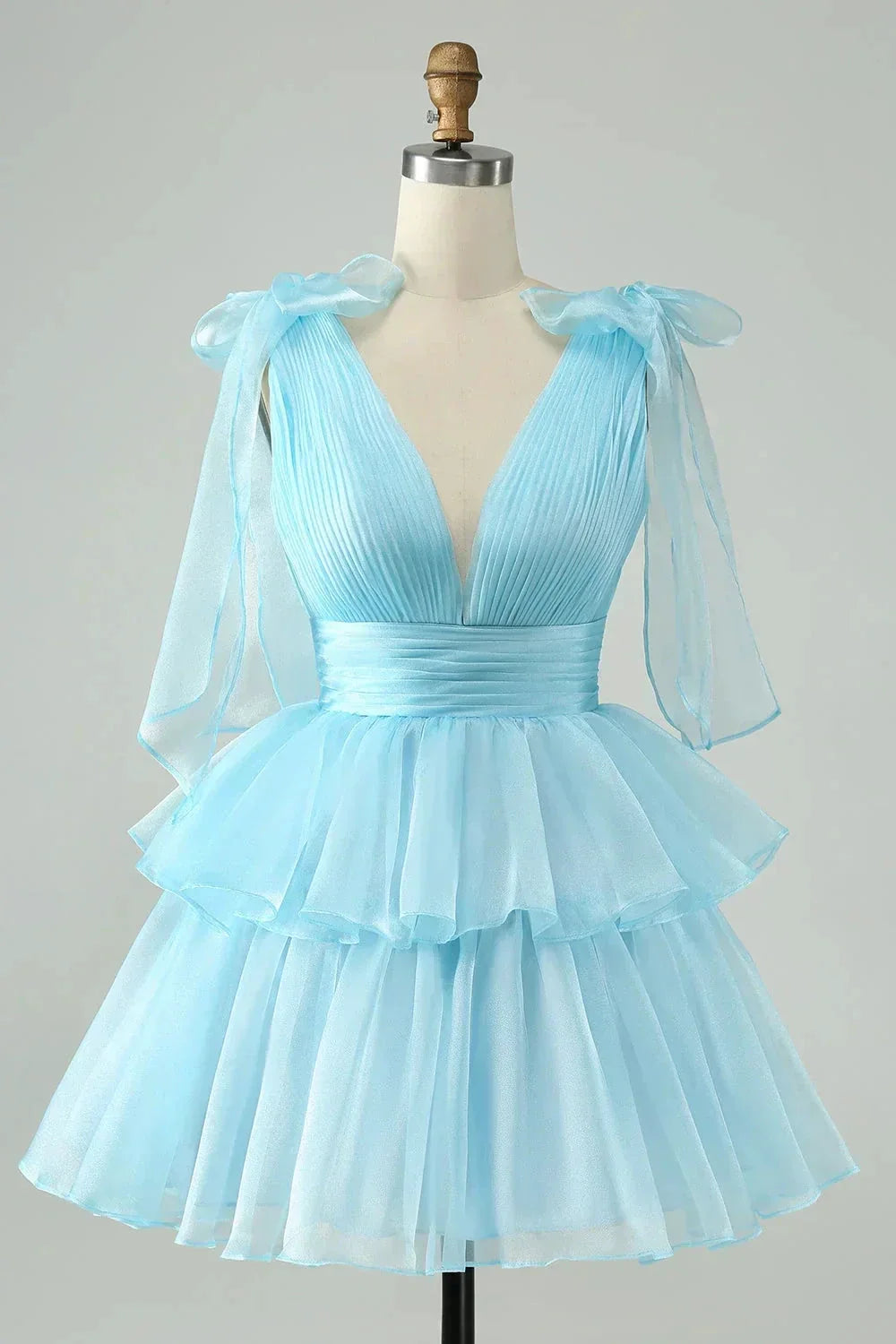V Neck Pleated Tiered Short Homecoming Dress SYH109 by vivymakudress