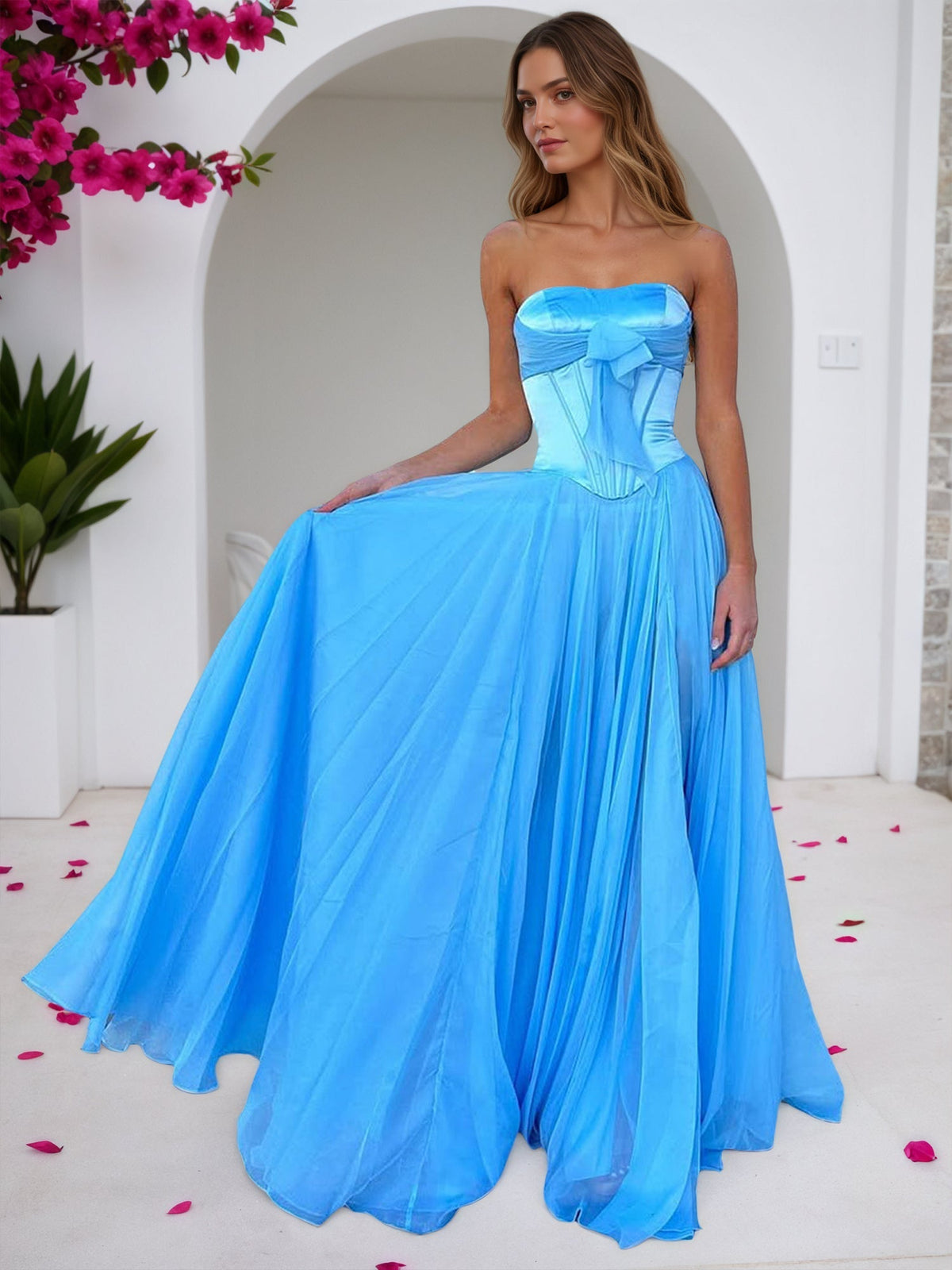 Sky Blue Strapless A-Line Corset Bodice Prom Dress with Bow - VelvetHem