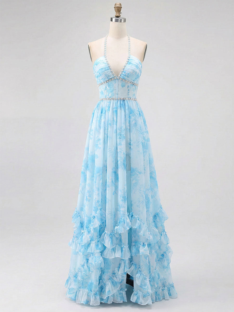 Sky Blue Watercolor Floral Halter Ruffled Hem Prom Dress with Crystal Trim - VelvetHem