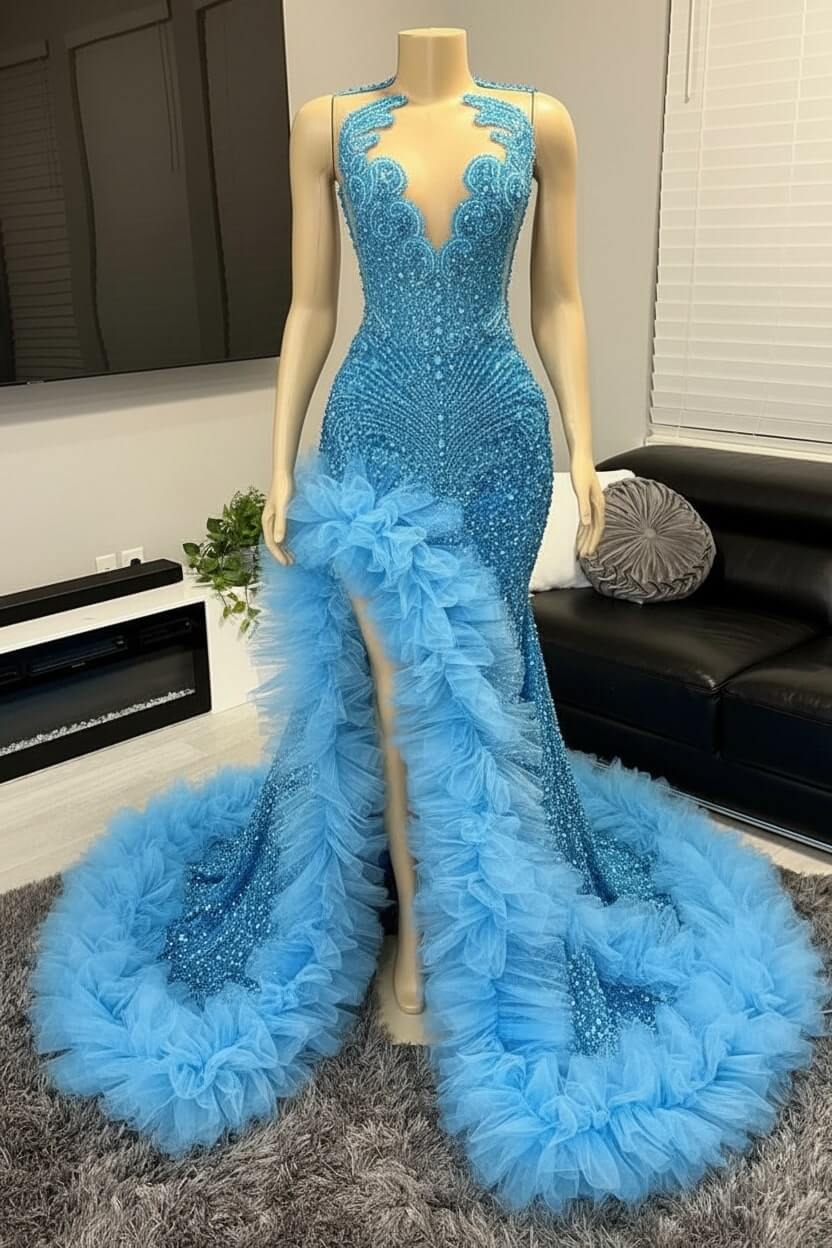 V-neck Prom Dress Orange Beaded Tulle Ruffles Sequin Formal Evening Party Dress