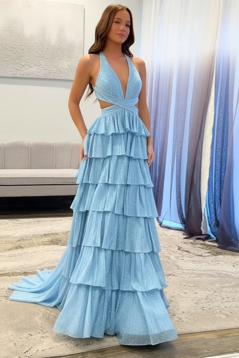 Halter Silver Prom Dress Tiered A-Line Long Formal Dress With Slit