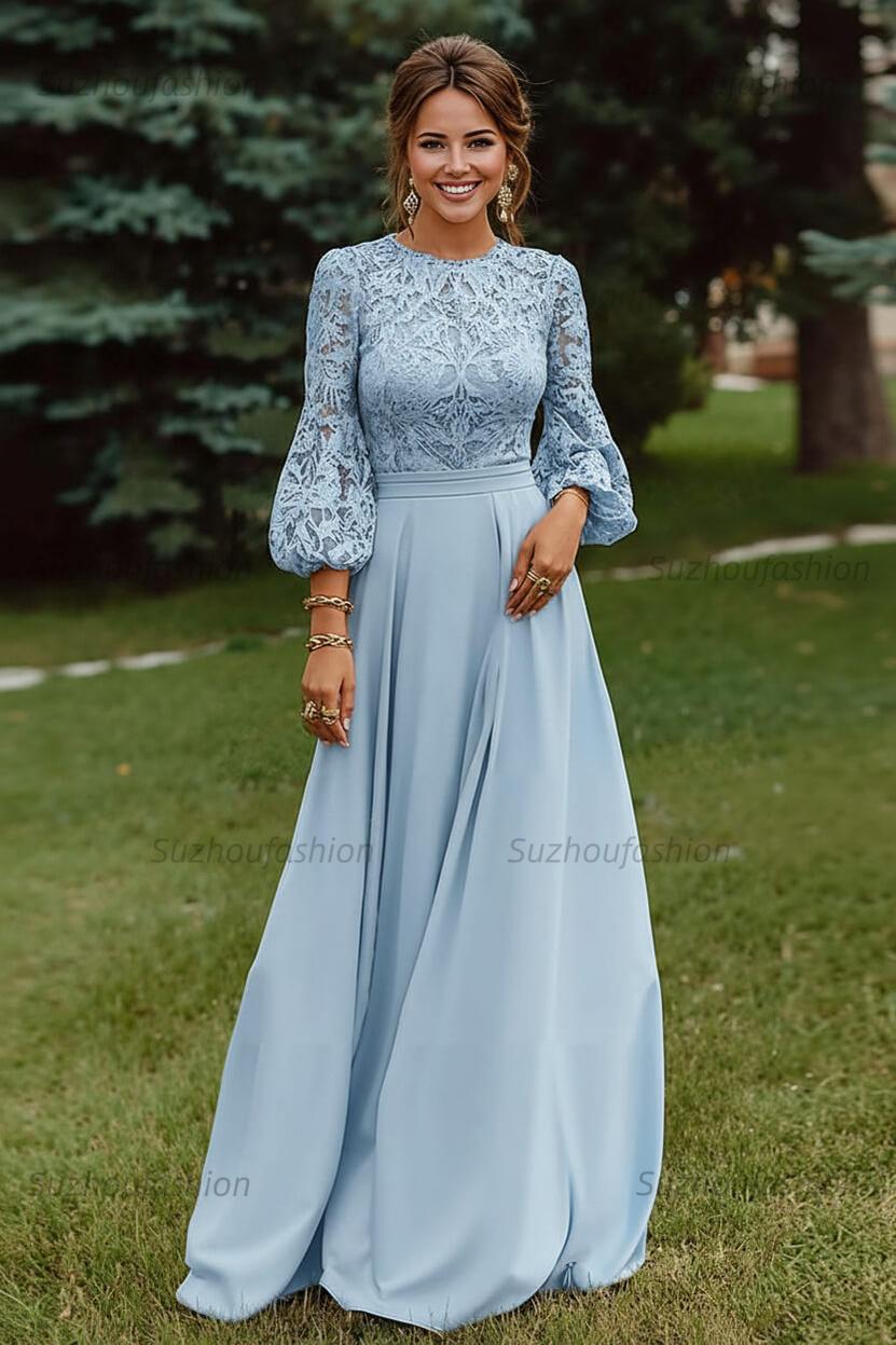 Lace Dusty Rose Puff Sleeves A Line Floor Length Mother Of The Bride Dress