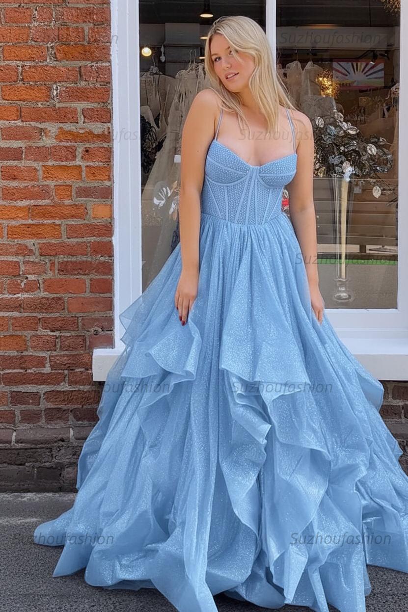 Dark Green A Line Long Corset Prom Dress With Ruffles