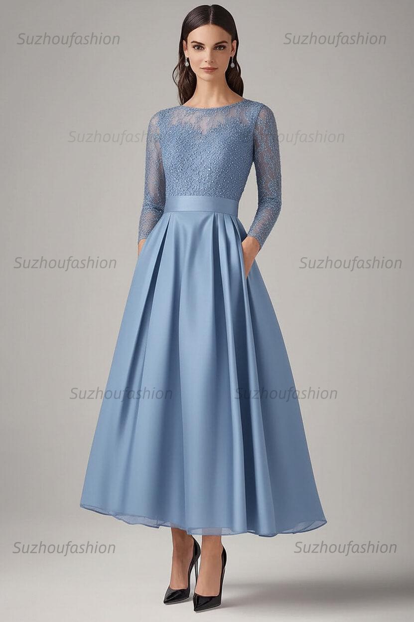 Navy Wedding Guest Dress Beaded A Line Long Sleeves Formal Dress With Lace