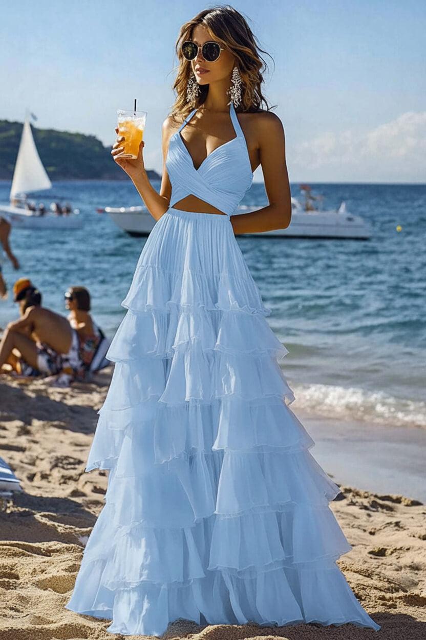 Halter Tiered White 2 Piece Ruffled Formal Dress