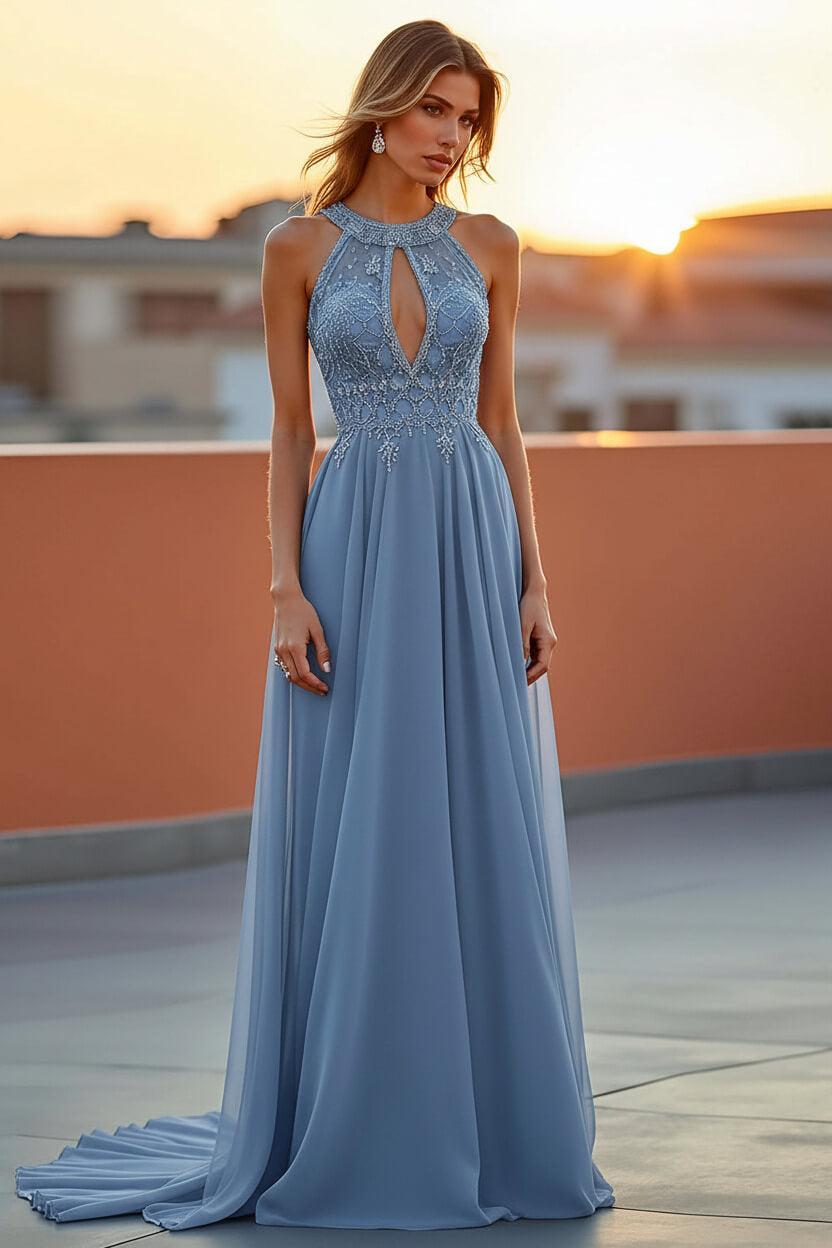 Beaded Navy Wedding Guest Dress Halter Long Formal Dress With Embroideries