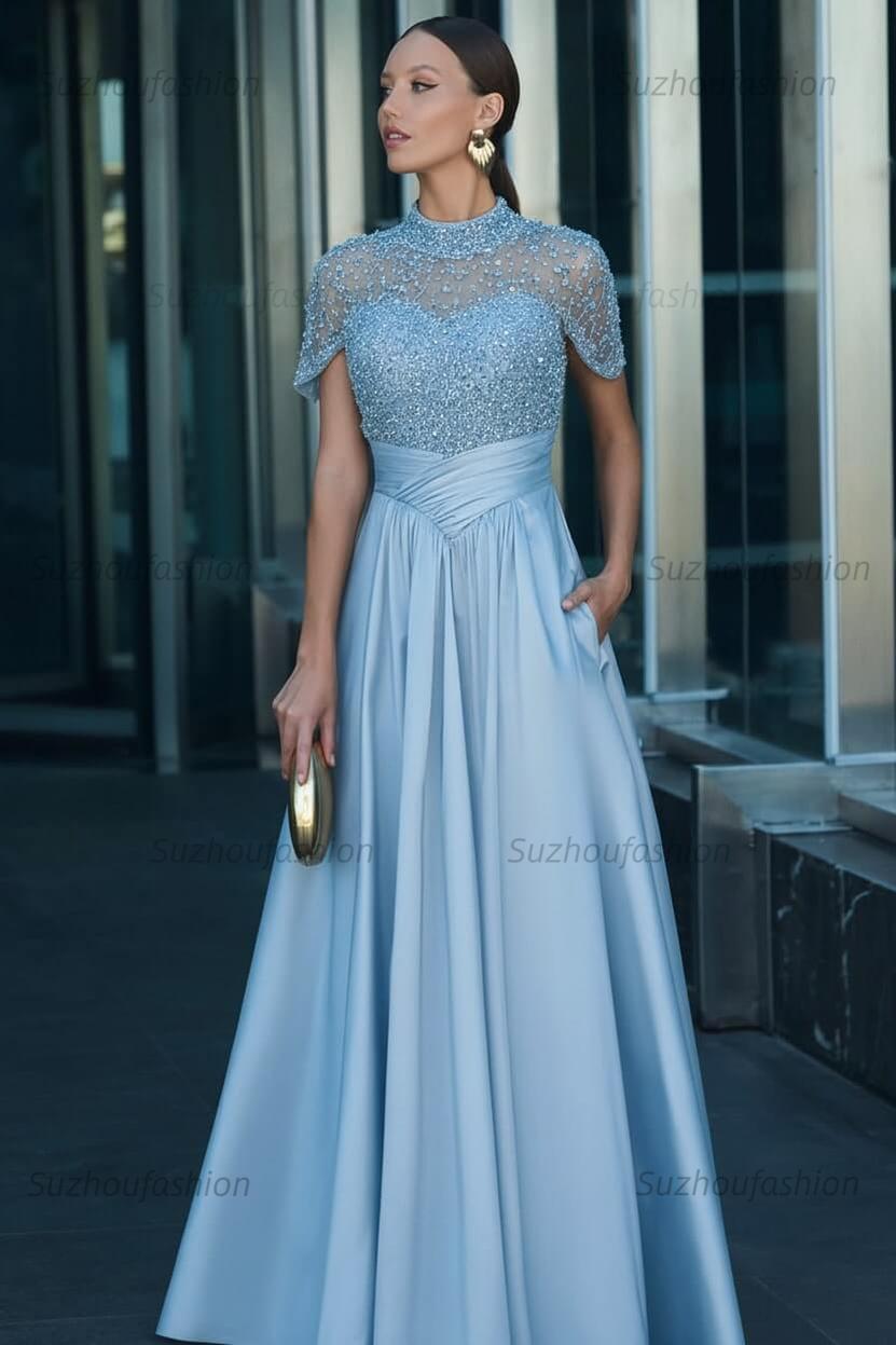 High Neck Short Sleeves Long Evening Formal Dress With Beading Pockets