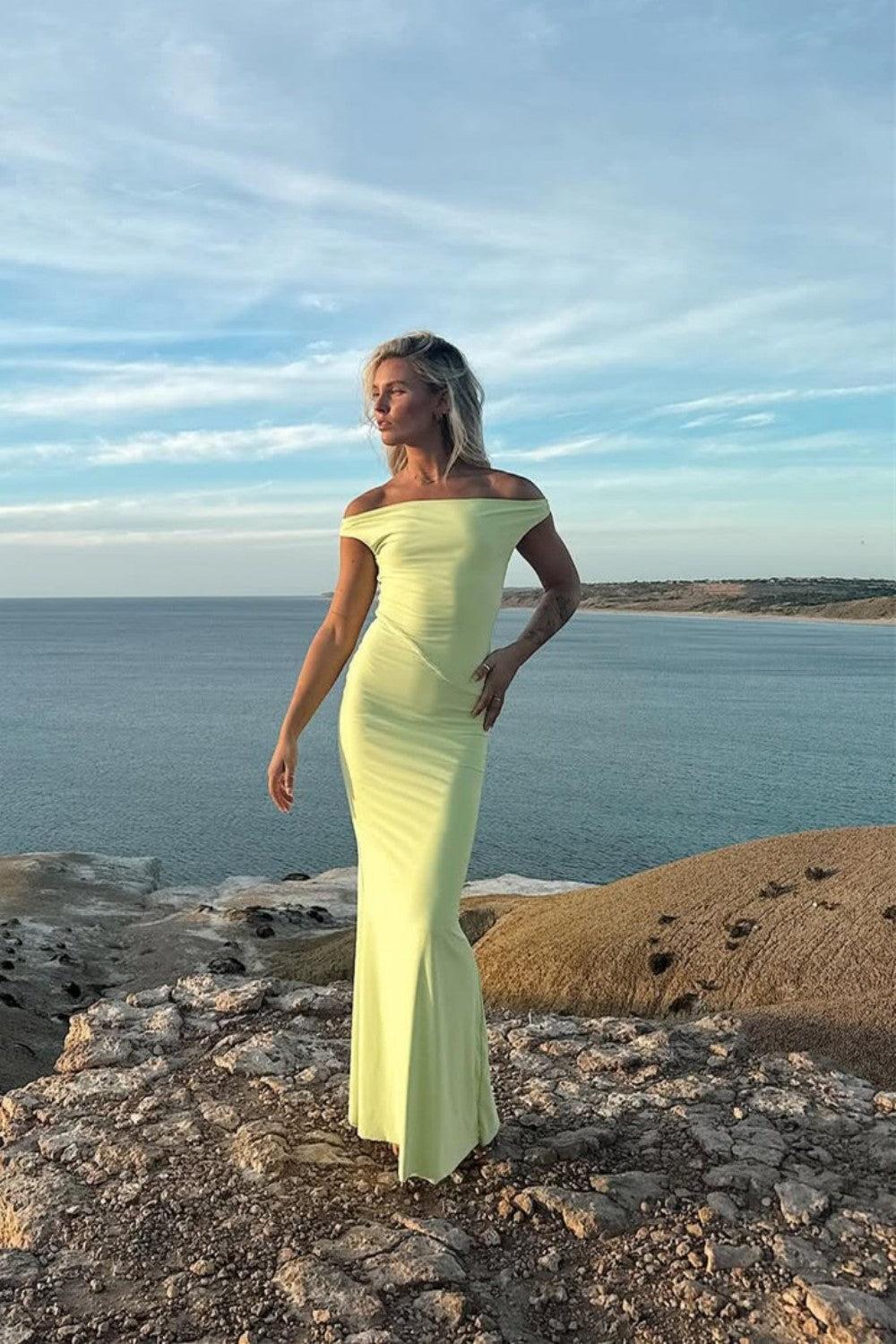 Suzhoufashion Sleek Pastel Yellow Off-Shoulder Mermaid Silhouette Prom Dress Formal Evening Gown