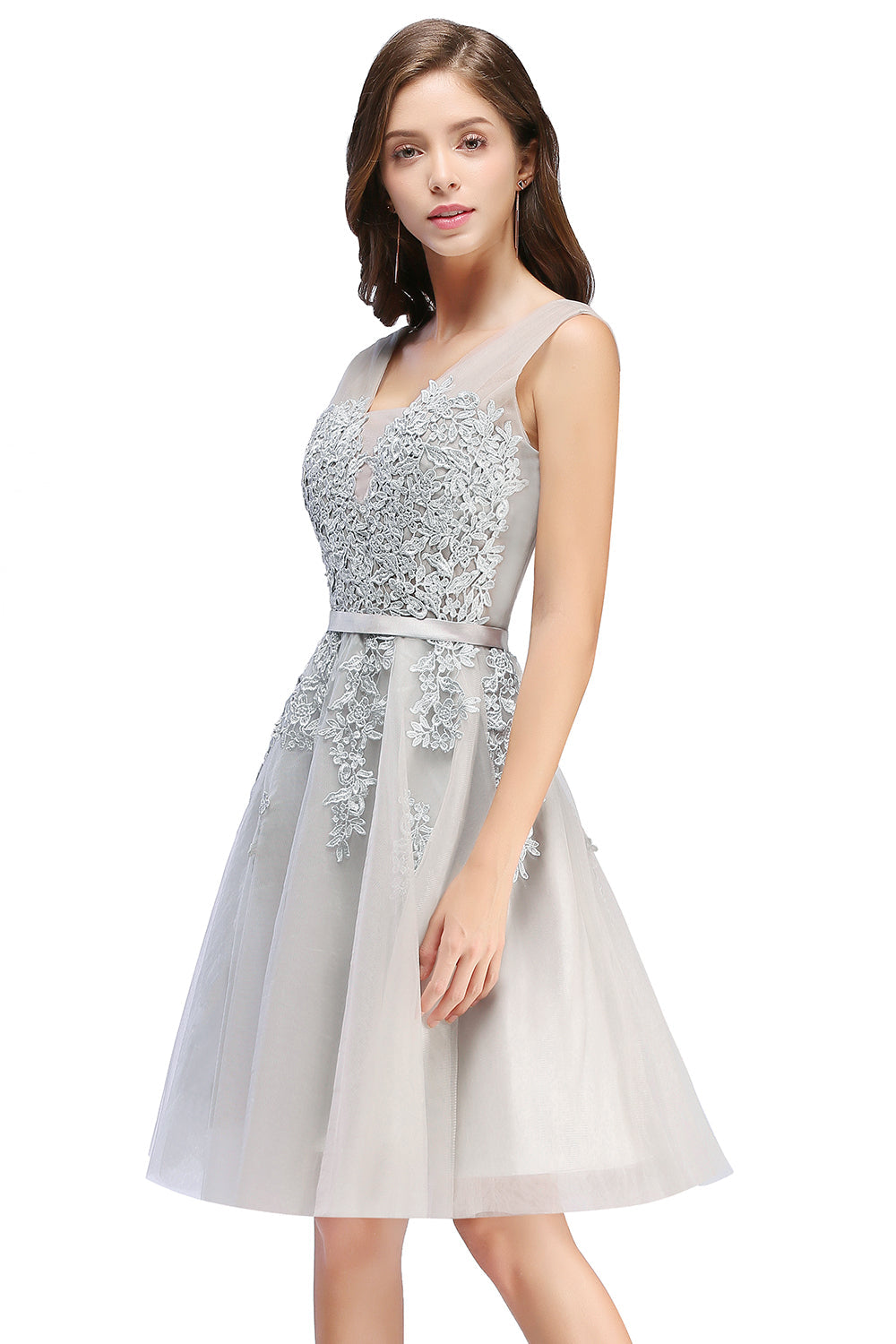 Sleeveless Appliques Tulle Lace V-Neck Knee Length Dress
