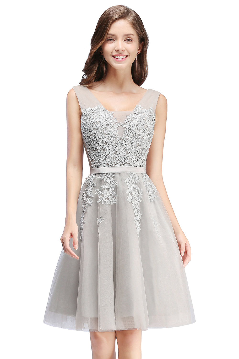 Sleeveless Appliques Tulle Lace V-Neck Knee Length Dress