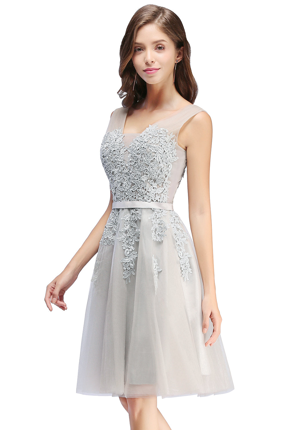 Sleeveless Appliques Tulle Lace V-Neck Knee Length Dress
