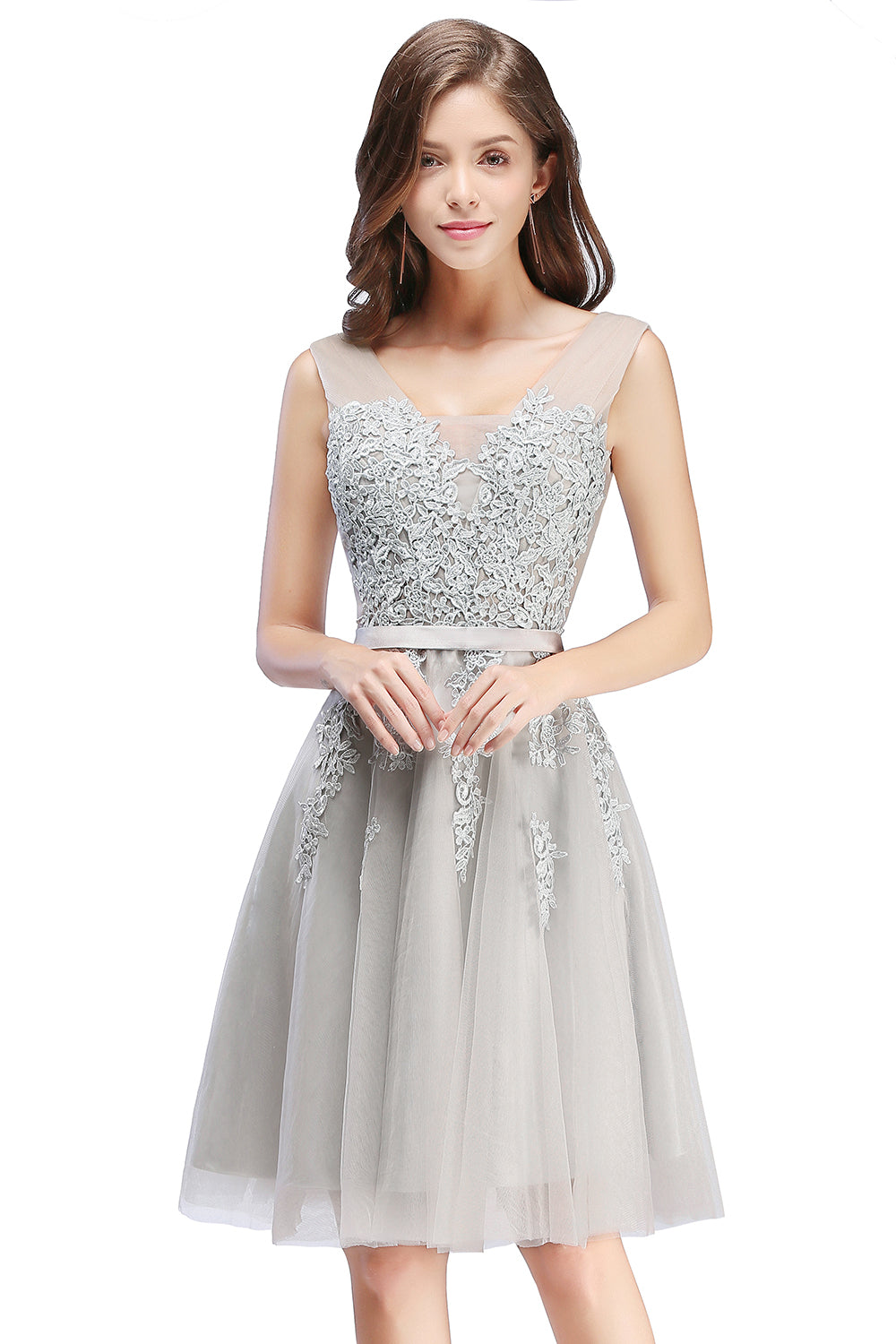 Sleeveless Appliques Tulle Lace V-Neck Knee Length Dress