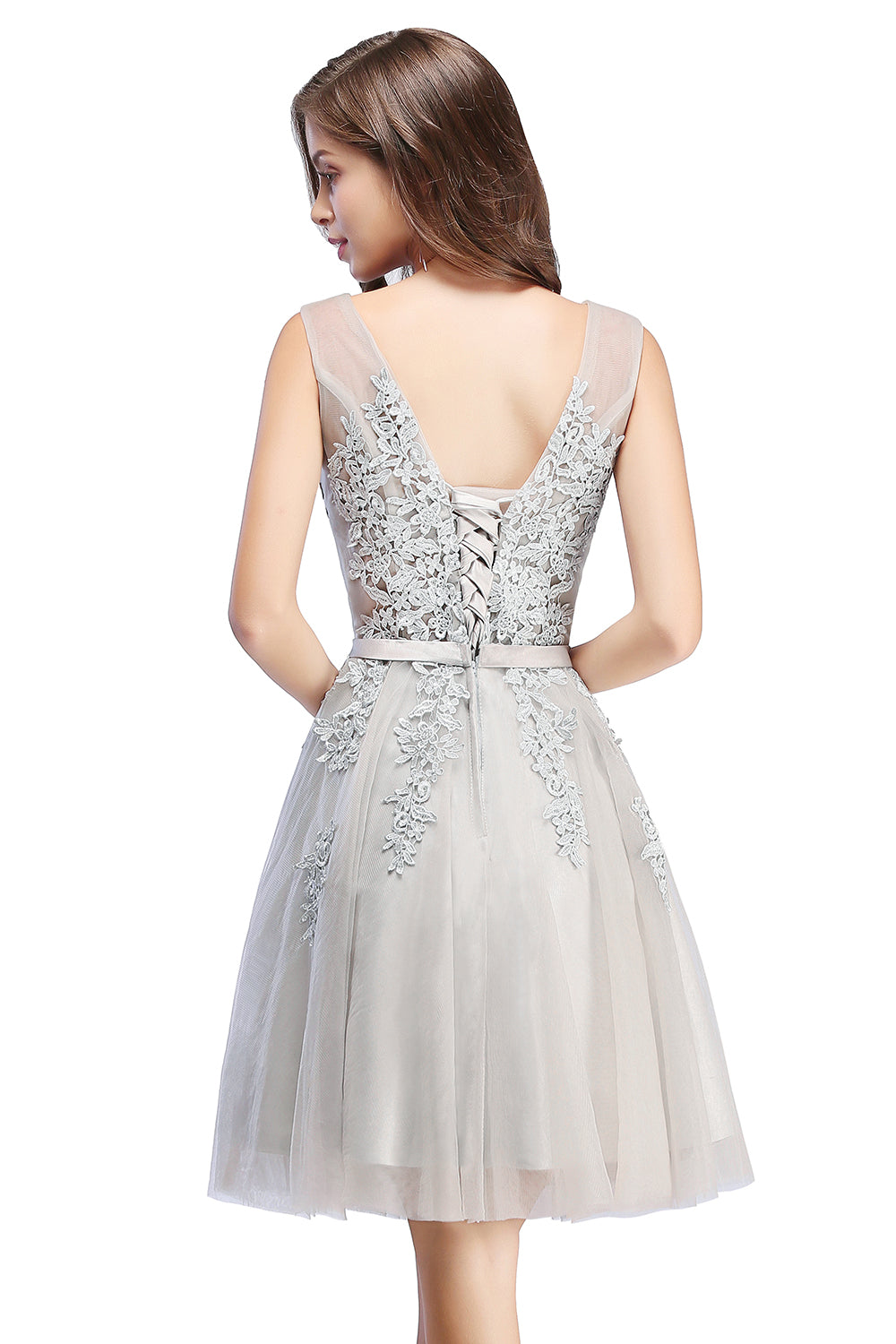 Sleeveless Appliques Tulle Lace V-Neck Knee Length Dress