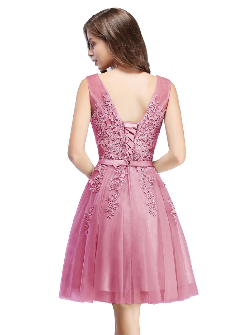 Sleeveless Appliques Tulle Lace V-Neck Knee Length Dress