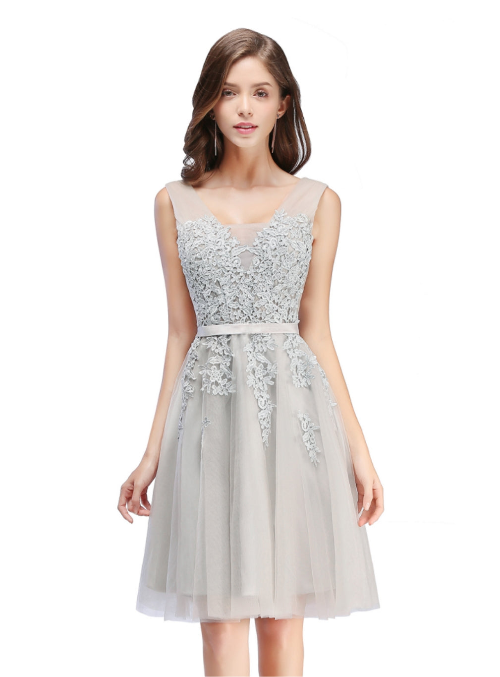 Sleeveless Appliques Tulle Lace V-Neck Knee Length Dress