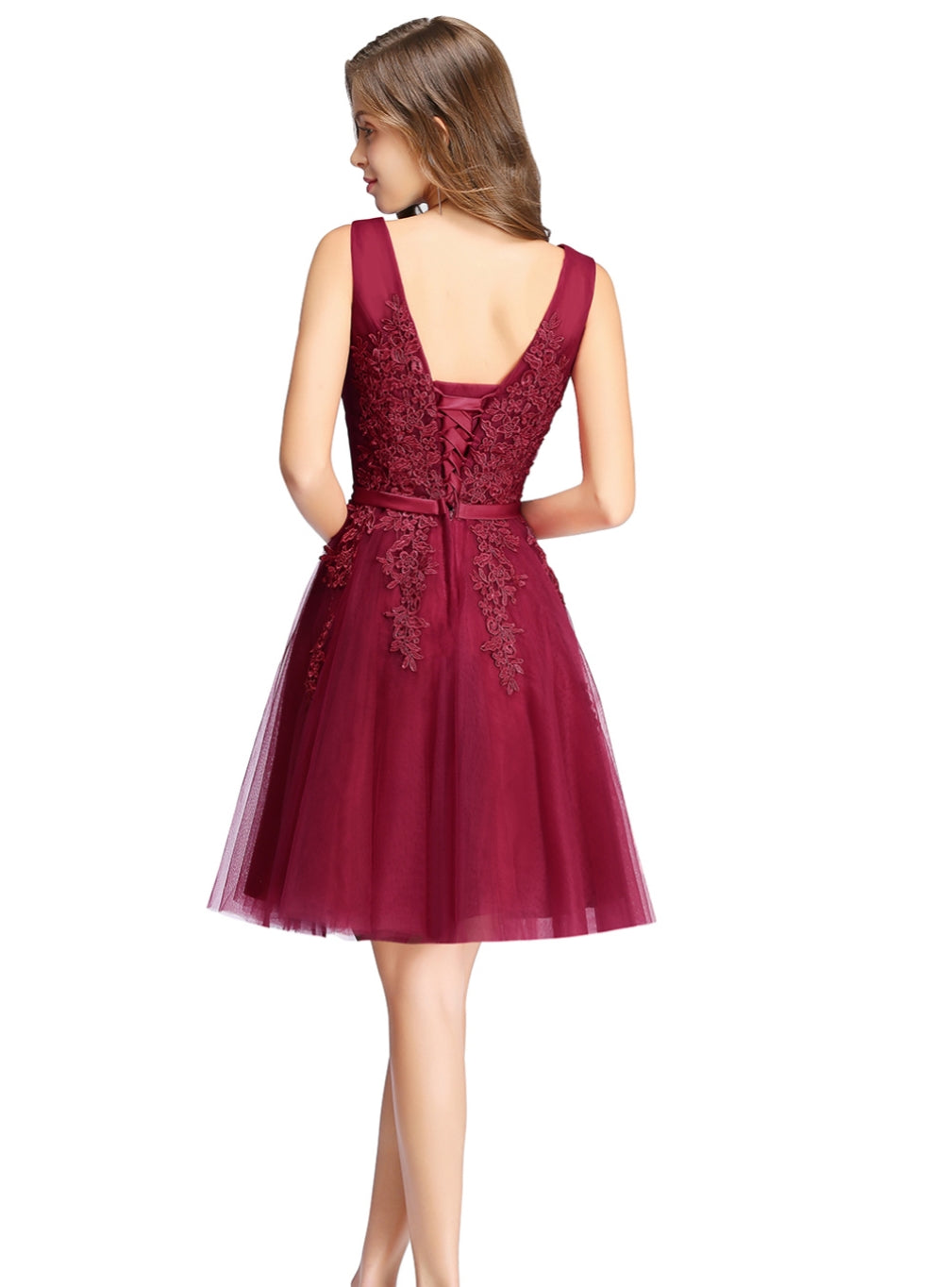Sleeveless Appliques Tulle Lace V-Neck Knee Length Dress