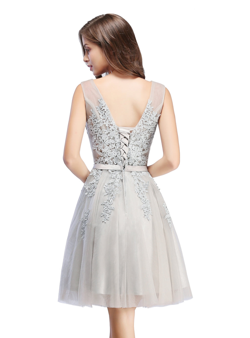 Sleeveless Appliques Tulle Lace V-Neck Knee Length Dress