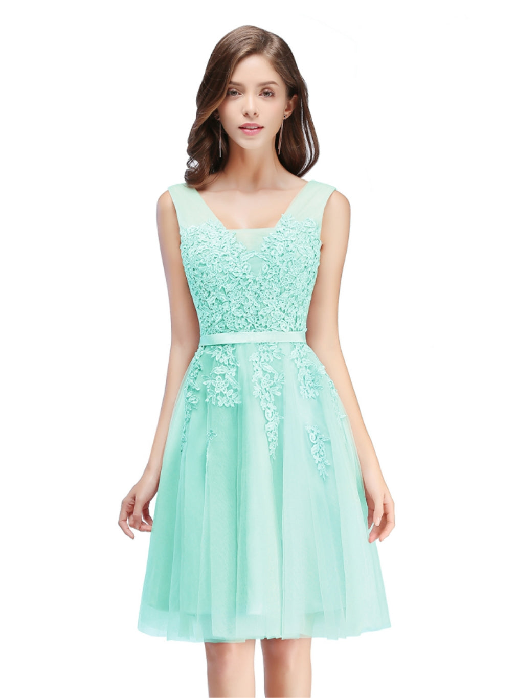 Sleeveless Appliques Tulle Lace V-Neck Knee Length Dress