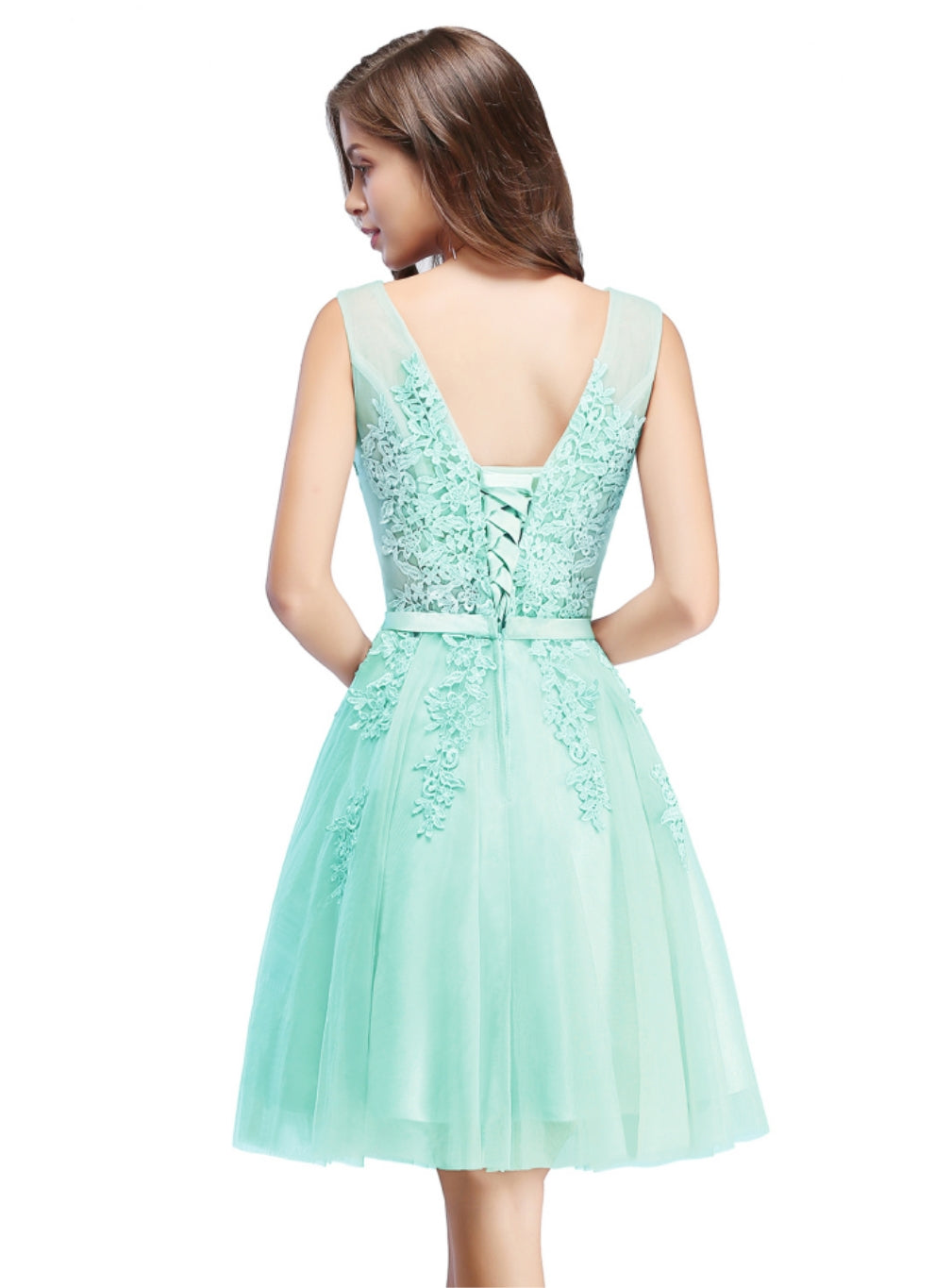 Sleeveless Appliques Tulle Lace V-Neck Knee Length Dress