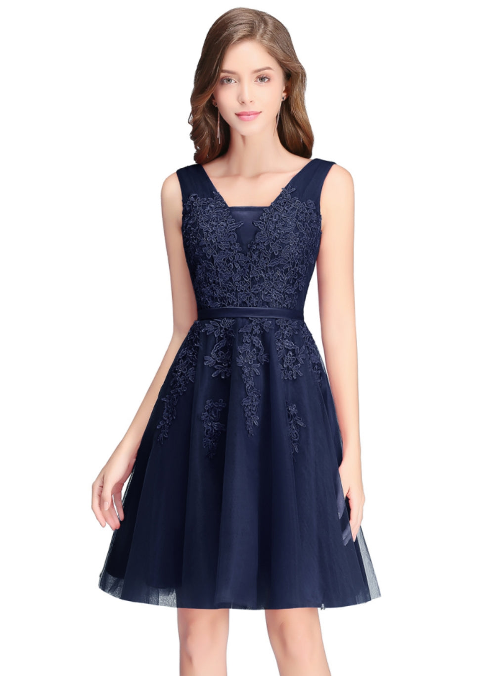 Sleeveless Appliques Tulle Lace V-Neck Knee Length Dress