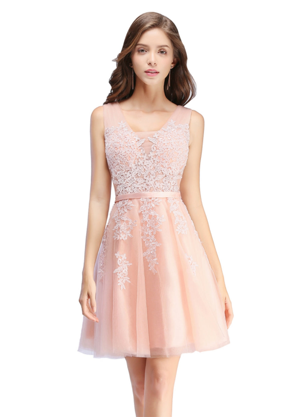 Sleeveless Appliques Tulle Lace V-Neck Knee Length Dress