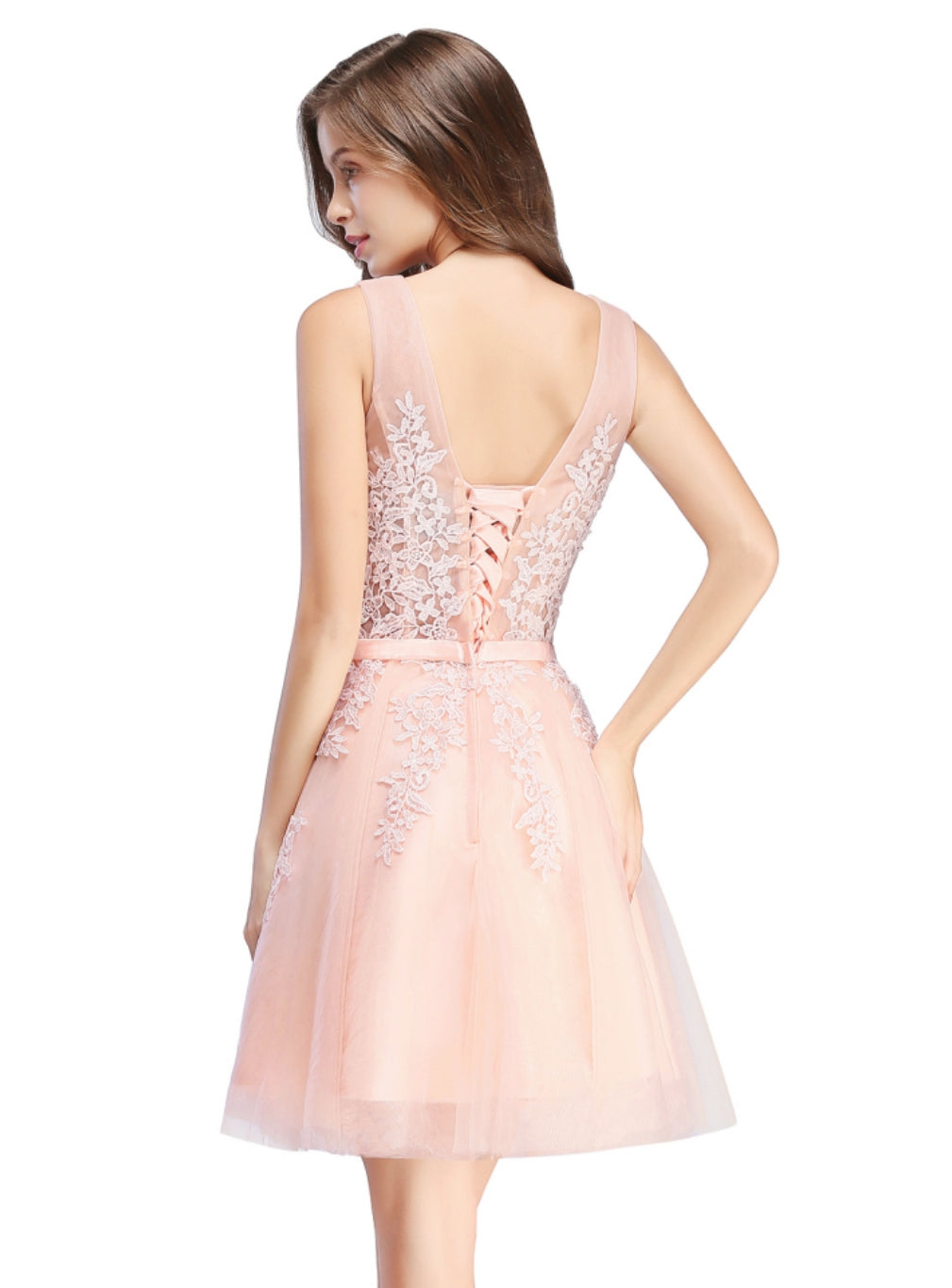 Sleeveless Appliques Tulle Lace V-Neck Knee Length Dress