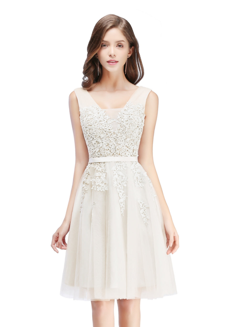 Sleeveless Appliques Tulle Lace V-Neck Knee Length Dress