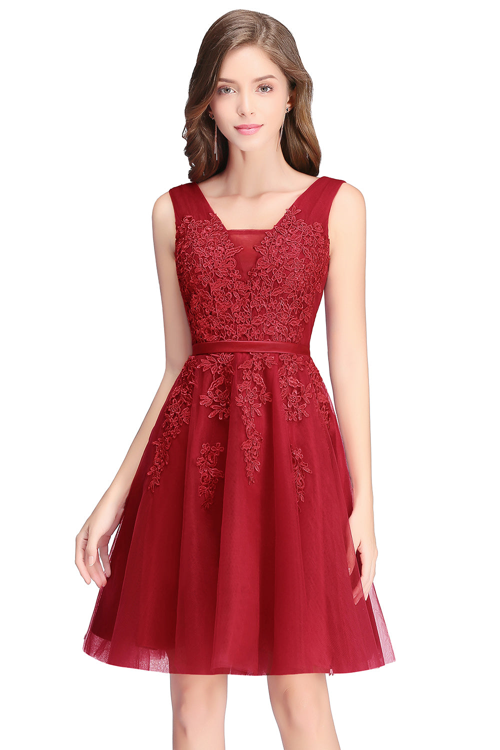 Sleeveless Appliques Tulle Lace V-Neck Knee Length Dress