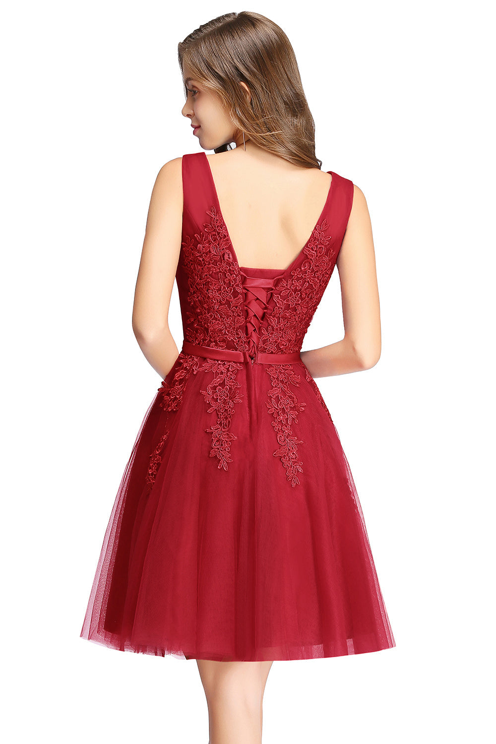 Sleeveless Appliques Tulle Lace V-Neck Knee Length Dress