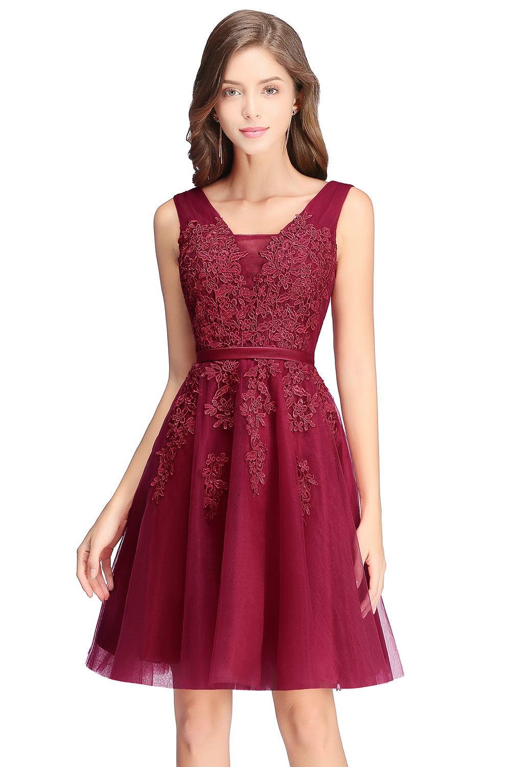 Sleeveless Appliques Tulle Lace V-Neck Knee Length Dress