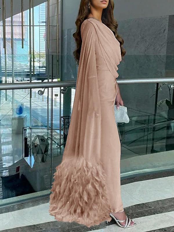 Sleeveless Cowl Neck Chiffon Prom Dress with Feather Ruched Slit and Sheath Column Sweep Brush Train