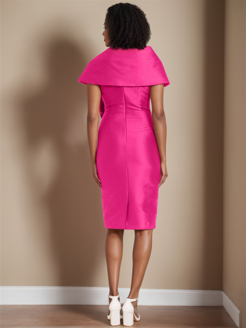 Sleeveless Off The Shoulder Knee Length Satin Sheath Dress with Bow(s) for the Mother of the Bride