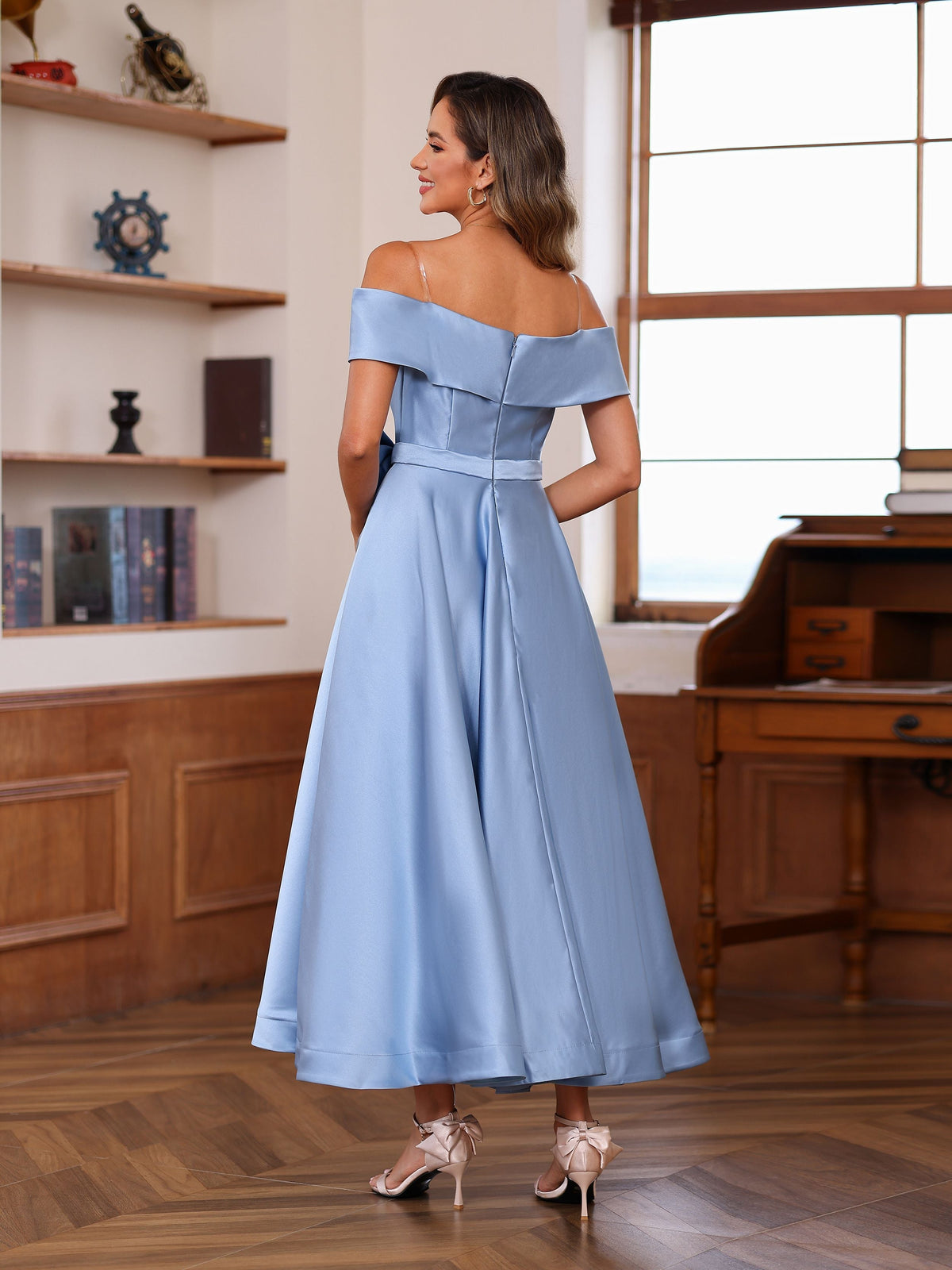 Sleeveless Off the Shoulder A Line Mother of the Bride Dress with Pockets Ankle Length