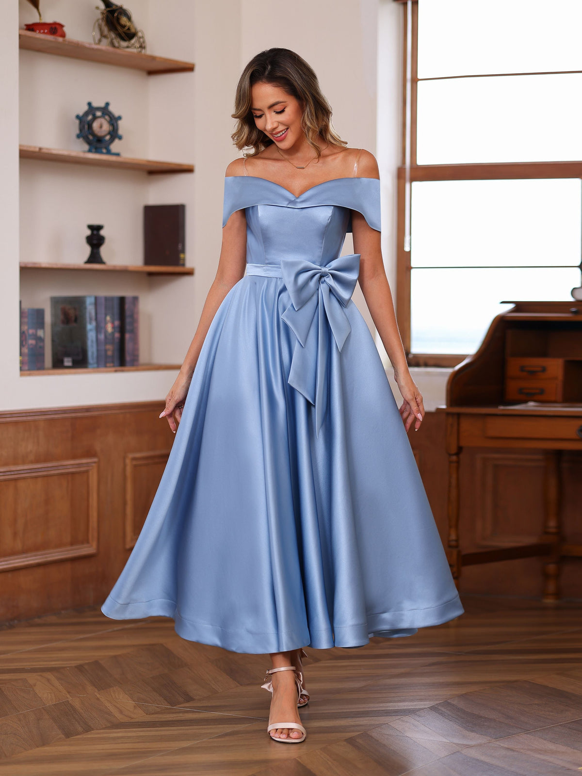 Sleeveless Off the Shoulder A Line Mother of the Bride Dress with Pockets Ankle Length