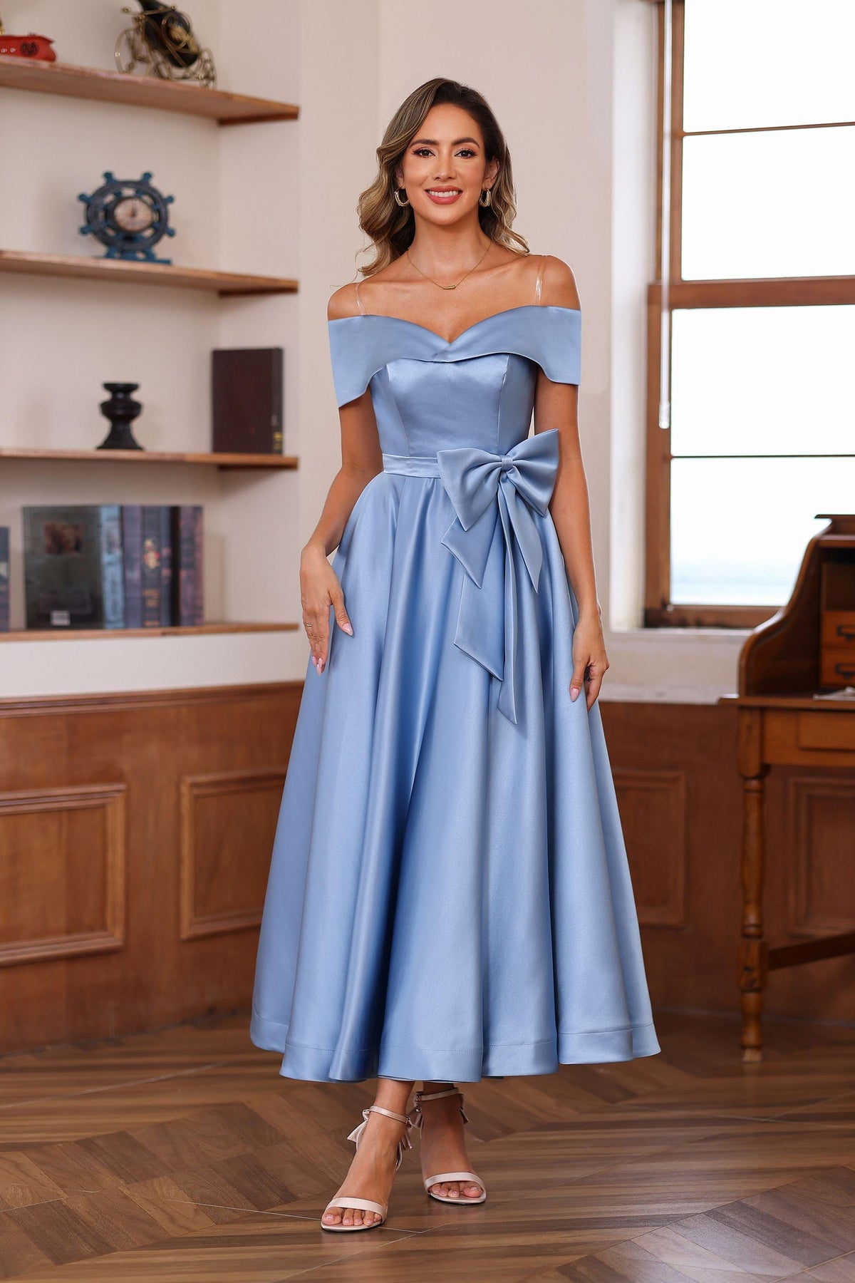 Sleeveless Off the Shoulder A Line Mother of the Bride Dress with Pockets Ankle Length
