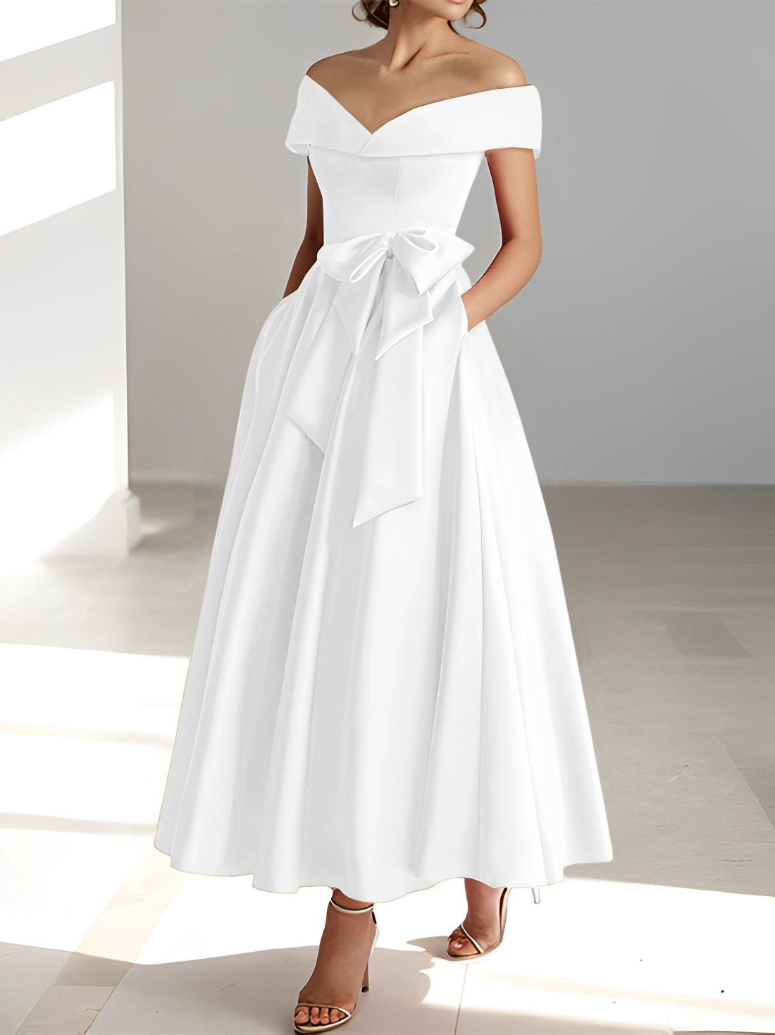 Sleeveless Off the Shoulder A Line Ankle Length Mother of the Bride Dress with Pockets